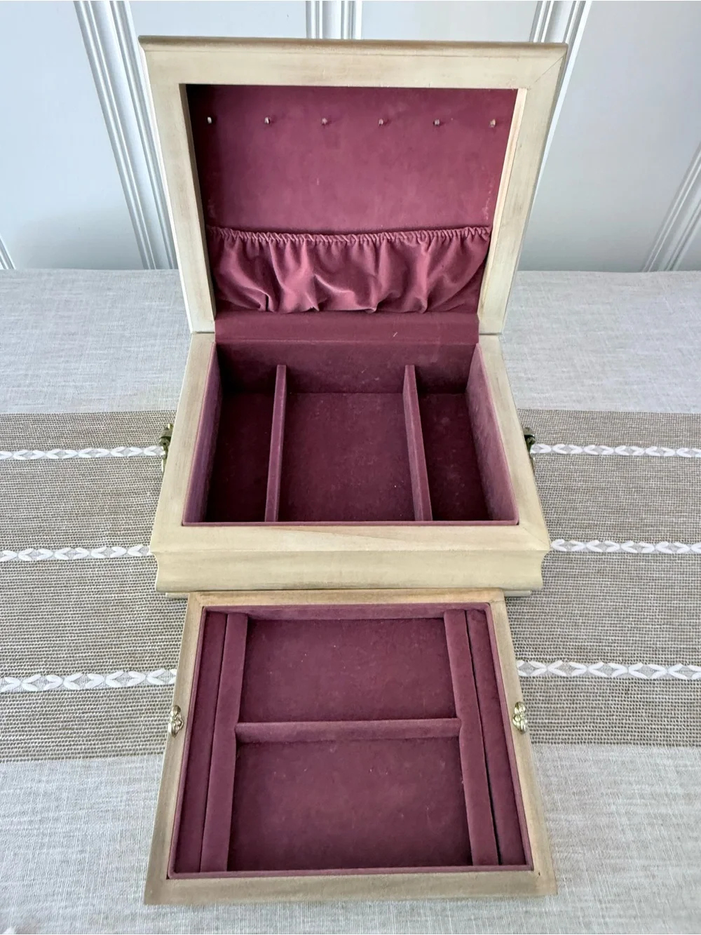Wooden Jewelry Organizer Box with Teal & Blush Fabric Inset